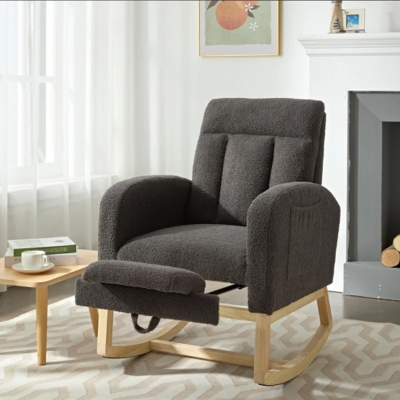 Modern Accent Rocking Chair Rocking Chair with Solid Wood Legs, adjustable Footrest,Comfy Armchair with Side Pocket,gray,teddy