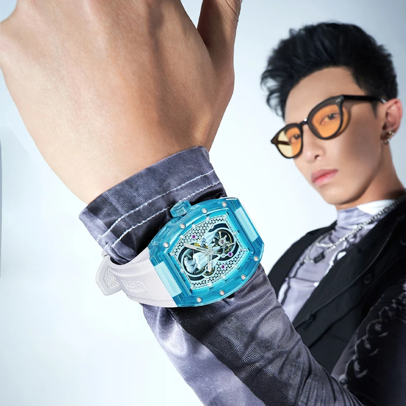 

BONEST GATTI Ice Skeleton Tonneau Automatic Watch Men Transparent Crystal Waterproof Fluororubber Strap Mechanical Wristwatch