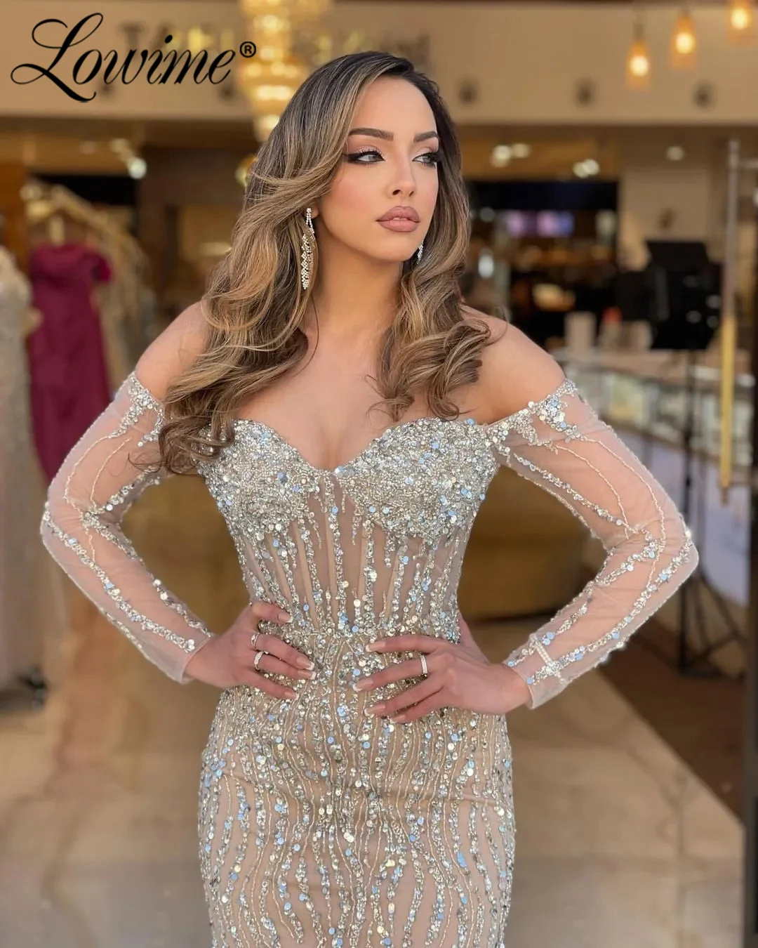 Champagne Long Sleeve Off The Shoulder Evening Dress 2023 Customize Shiny Sequins Crystal Mermaid Party Dress With Corset Waist