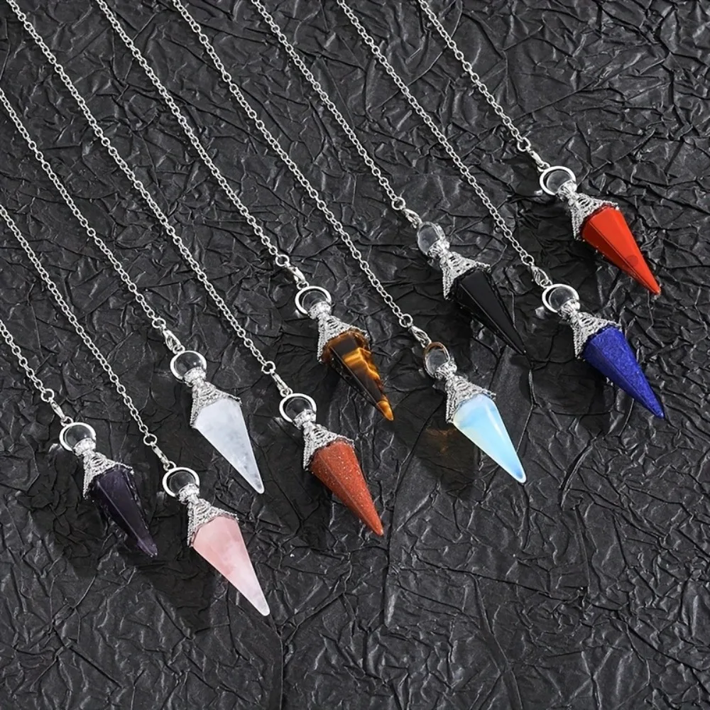 

Cone Shape Natural Stone Pendulum Necklaces, Healing Crystal Dowsing Pendants for Reiki