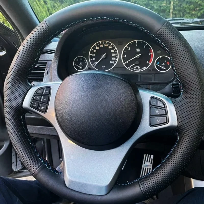 

Hand-stitched Car Inner Steering Wheel Cover Protective Trim For BMW X3 E83 2003-2010 X5 E53 2004 2005 2006 Perforated Leather