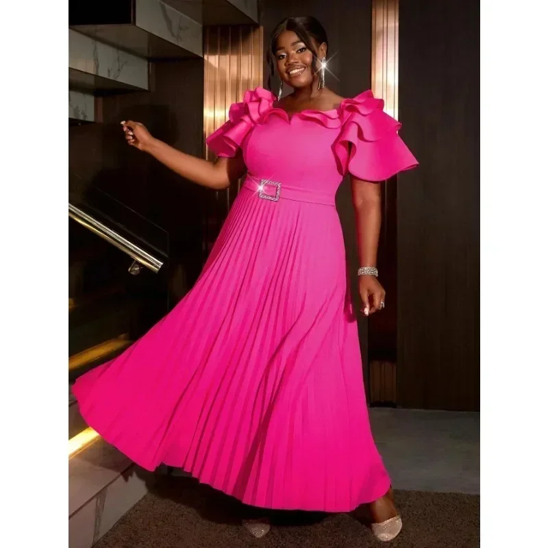 فستان نسائي أنيق طويل بطيات للحفلات المسائية مكشكش ورقبة دائرية وأكمام قصيرة وخصر عالي مع حزام لحفلات الزفاف للضيوف #2