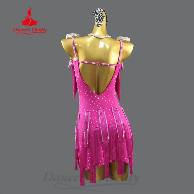 Latin Dance Fringe Jurken Aangepaste Luxe Diamant Sexy Rugloze Jurk Voor Volwassenen En Kinderen Tango Samba Performance Outfit