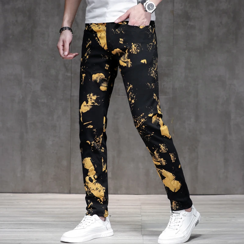 Personalized gold paint printed jeans men's fashion street fashion slim fit skinny stretch casual black trousers