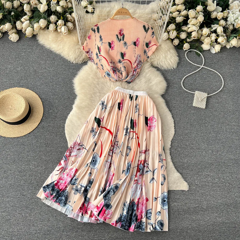 ALPHALMODA 2024 Floral Print Set Women Pleated Loose Short Sleeved Top+High Waist Pleated Skirt Female Fashion 2pcs Set