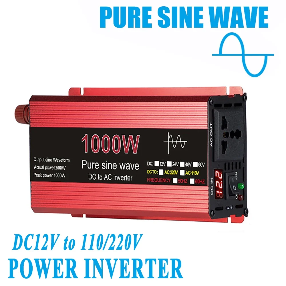 1000W Pure Sine Wave Power Inverter 12V to 110V 220V Car Home Electronic Voltage Transformer Off Grid Power Converter