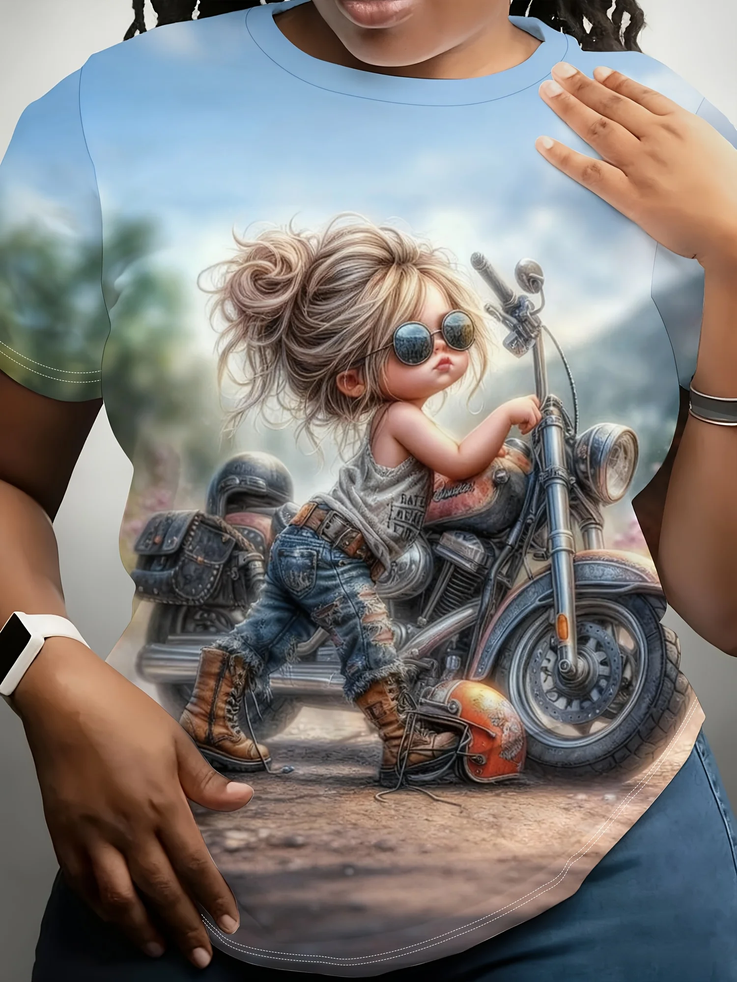 Women Crew Neck Short Sleeve T‑Shirt, Cool Biker Girl Motorcycle Outdoor Mountain Road Scenery Graphic Casual Summer Tee