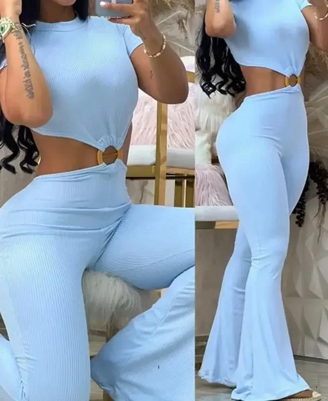 2023 Summer Woman Long Jumpsuits Elegant Sexy O-Ring Decor Cutout Short Sleeve Jumpsuit New Fashion Casual One Pieces