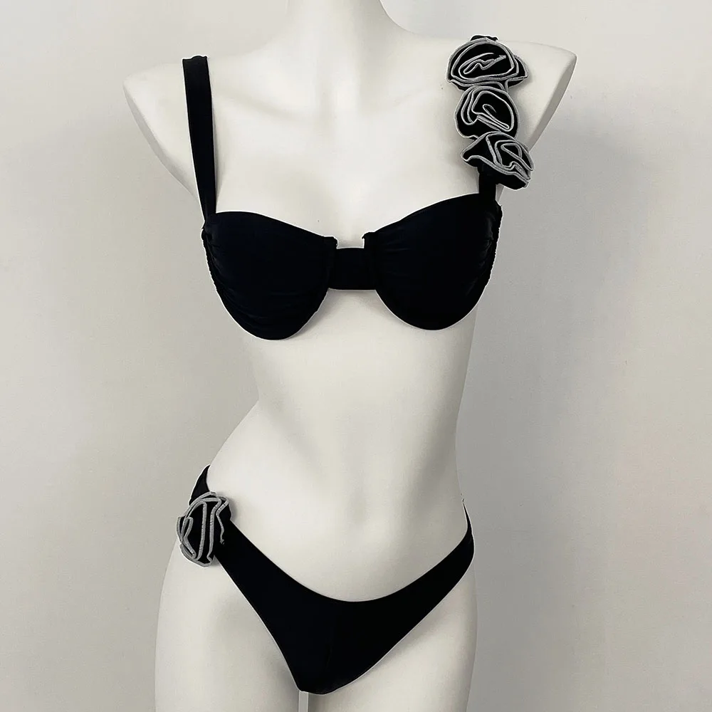 섹시한 3D 꽃 반짝 이는 핑크 푸시 업 비키니 2025 여성 수영복 Underwired 수영복 하이 컷 수영복 주름진 비키니 세트