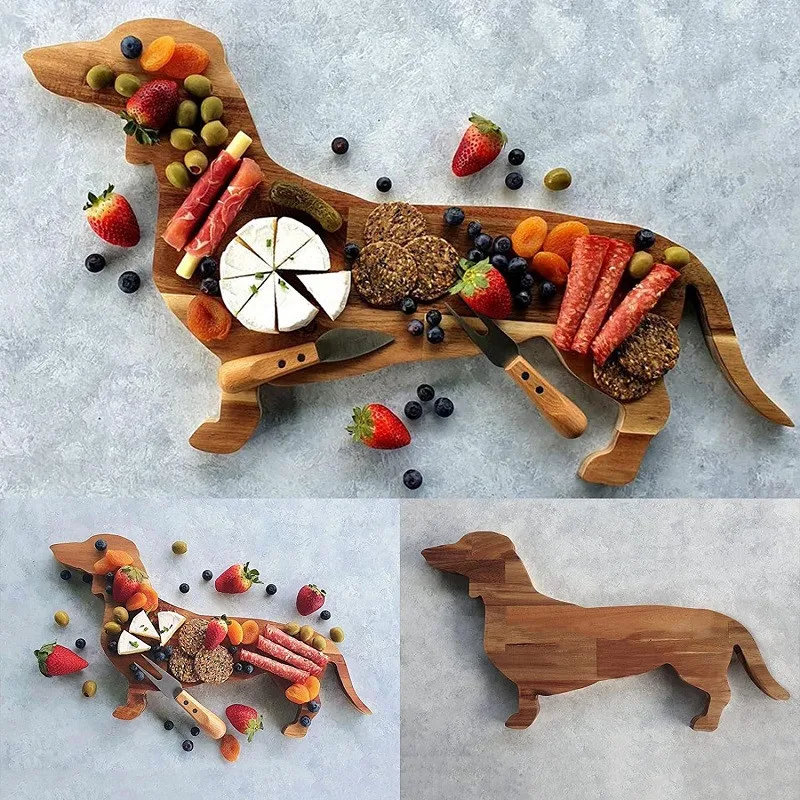 Creative Wood Dachshund Dog Dinner Plate Sausage Dog Dinner Plate Wooden Decorative Tray Table Decoration Funny Party Gift