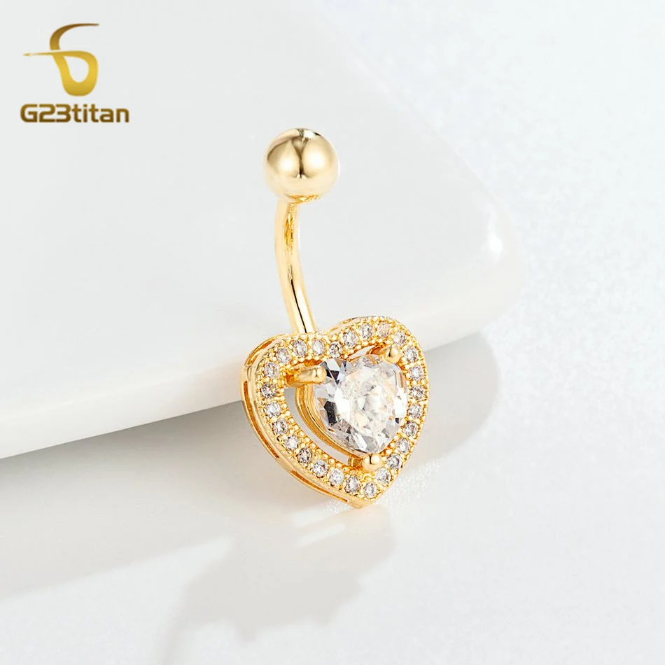 G23titan CZ Zircon Heart Navel Piercing Rings for Women Girls 14G Titanium Belly Button Bar Body Jewelry Summer Accessories Gift