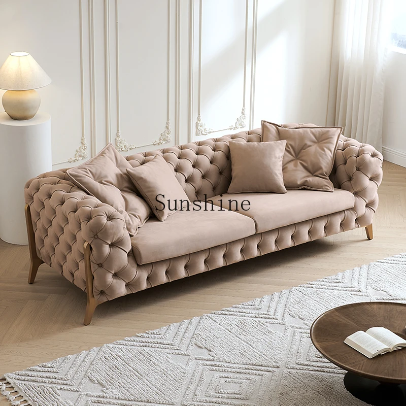 

French small apartment living room straight row three-person fabric buckle sofa