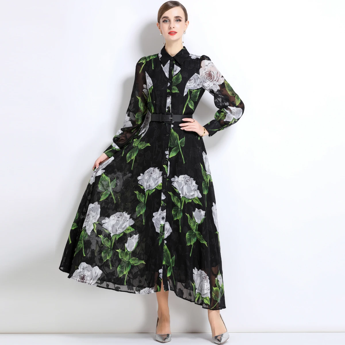 

Spring Summer Holiday Gorgeous Flower Chiffon Dresses Women's Turn Down Neck Long Lantern Sleeve Belt Floral Print Robe Vestidos