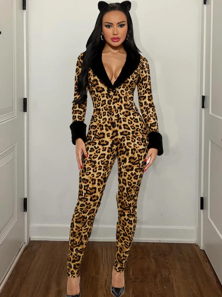 Леопардовые женские комбинезоны на осень-зиму, с длинным рукавом и v-образным вырезом, свободные модные уличные комбинезоны, широкие брюки, брюки 2025