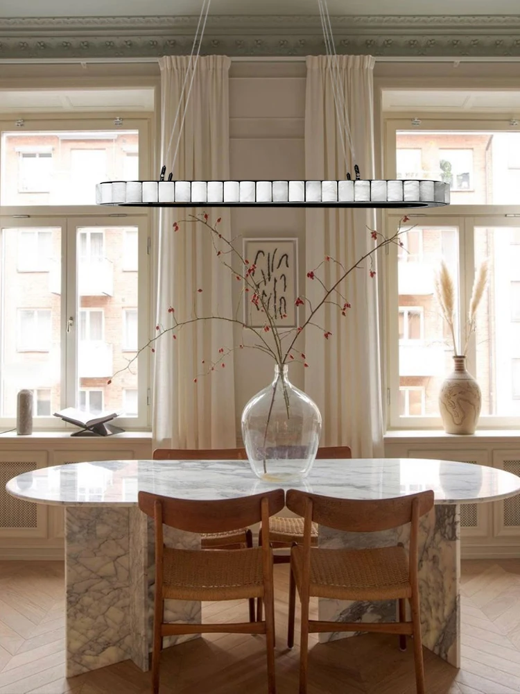 

2025 Trendy Oval Round Marble Pieces Led Chandelier Lighting Lustre Pendant Light Suspension Luminaire Lampen For Dinning Room