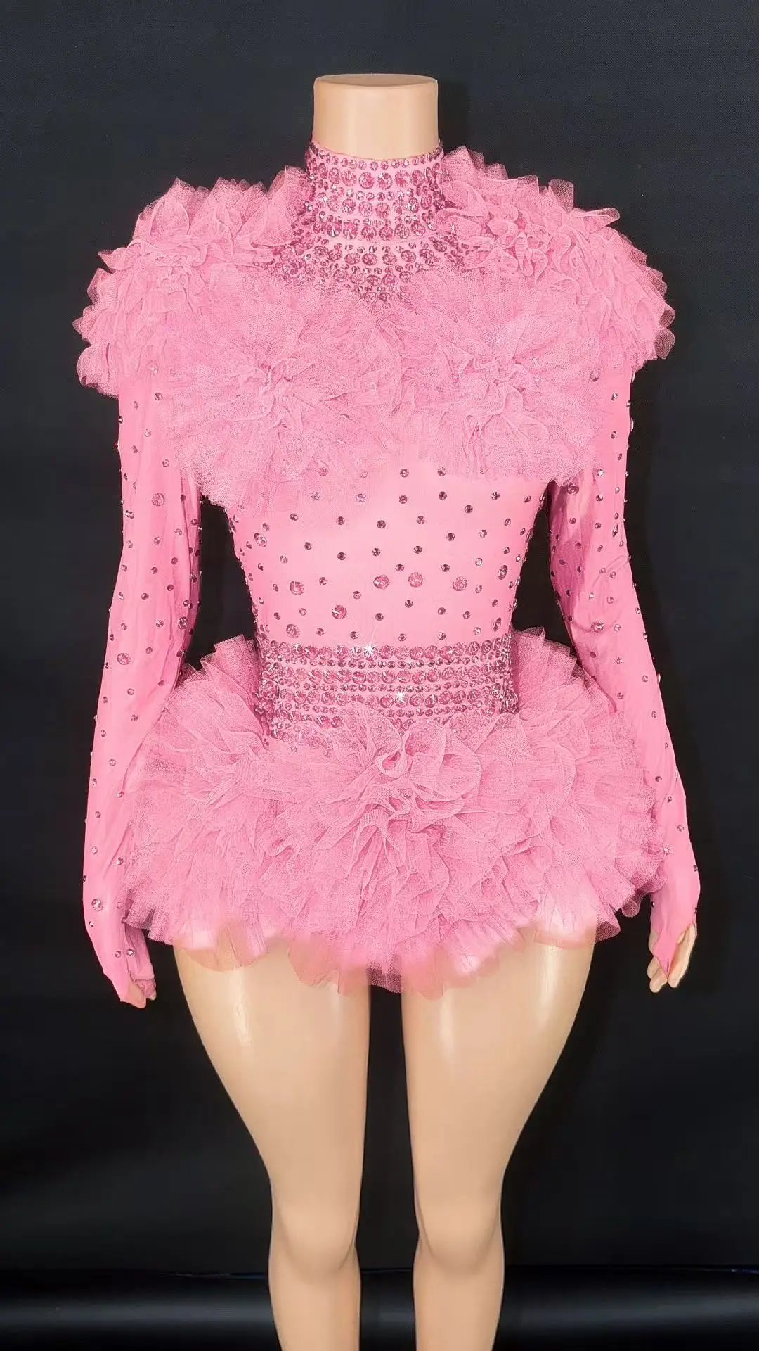 Costume de danse de Performance Transparent en maille, body Sexy avec strass rouges scintillants pour femmes, tenue de scène de danseuse, tenue de discothèque