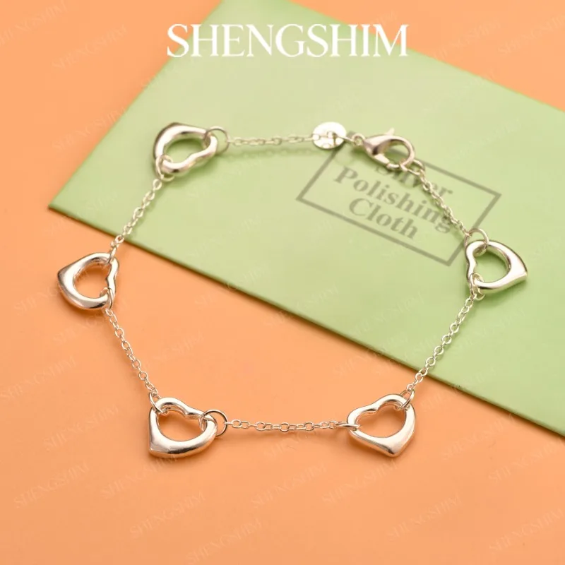 SHENGSHIM 925 Sterling Silver Openwork Heart Bracelet For Men Women Fashion Jewelry Valentine's Day Engagements Party Gift