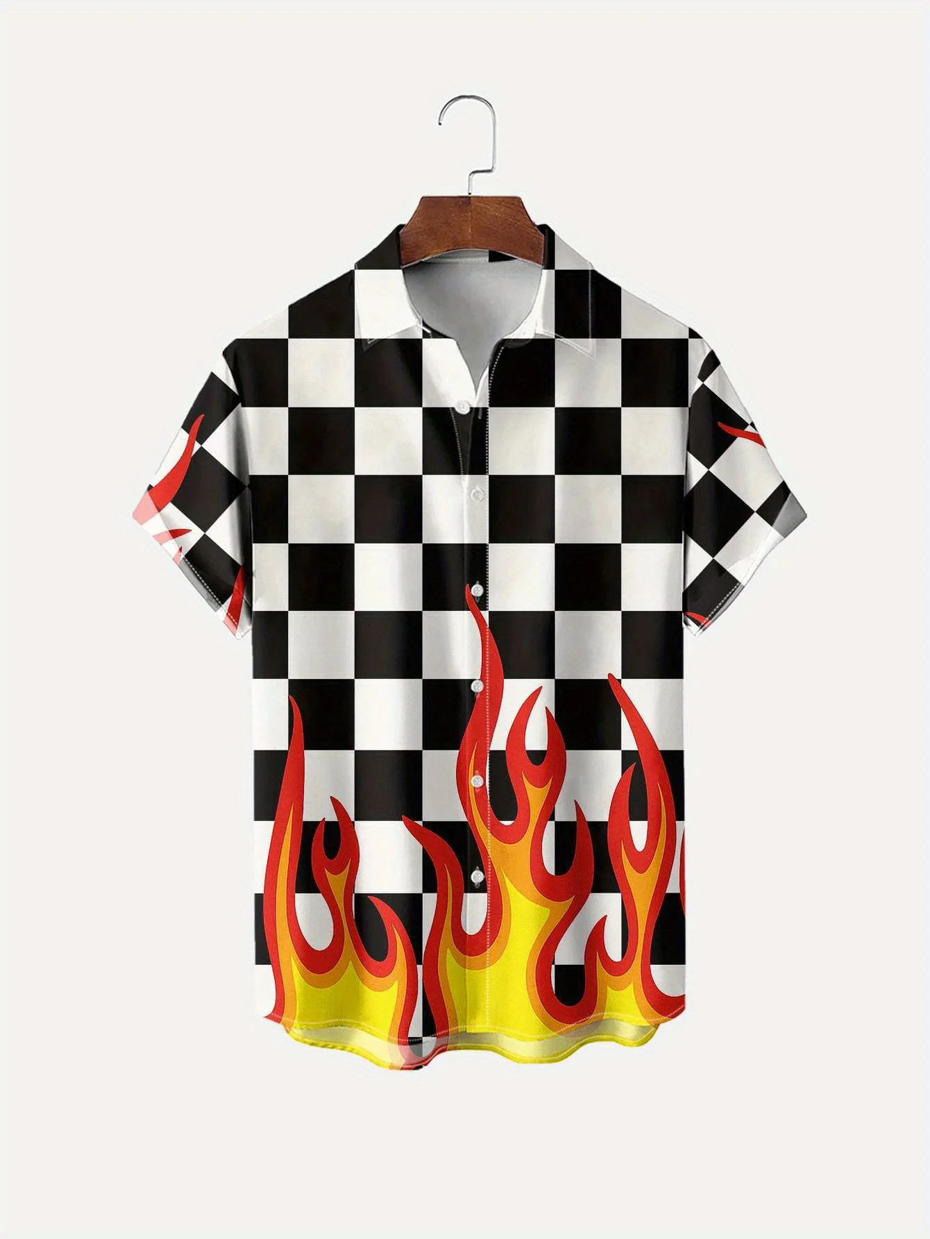 Men's Hawaiian Shirt Black White Checkered Flame Print Short Sleeve Button Down Casual Beach Aloha