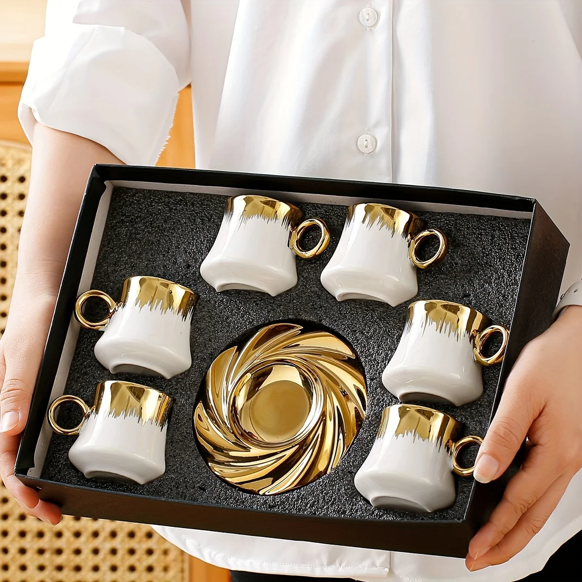 

Coffee Cup Set of 6, with Saucers & Tray, Luxury Arabic Greek Japanese Marble Ceramic Tea Cups