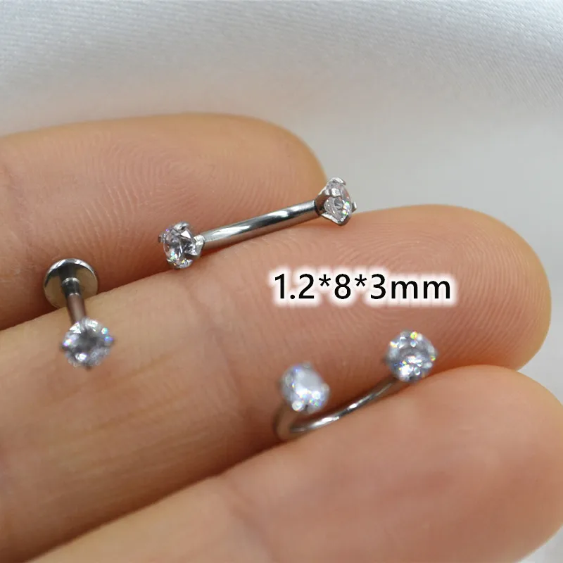 LOT50pcs 16gx8x 3mm biżuteria do ciała Piercing -Round CZ Lip Labret pierścień ucha Helix Bar wargi brwi nos Piercing podkowy pierścień