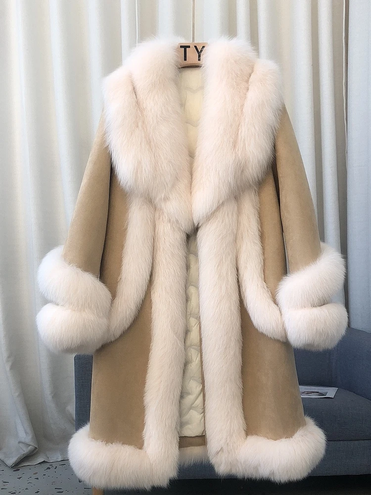 2024 New Real fur,Russia style female long warm suede leather white duck down overcoat women's fluffy genuine fox fur collar war