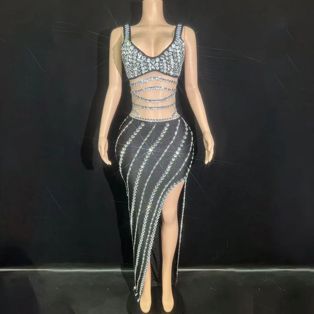 ชุดเดรสยาวประดับคริสตัลวิบวับสำหรับผู้หญิง สไตล์เซ็กซี่ เหมาะสำหรับงานกลางคืน งานเลี้ยงฉลองวันเกิด ถ่ายภาพ แสดงบนเวที