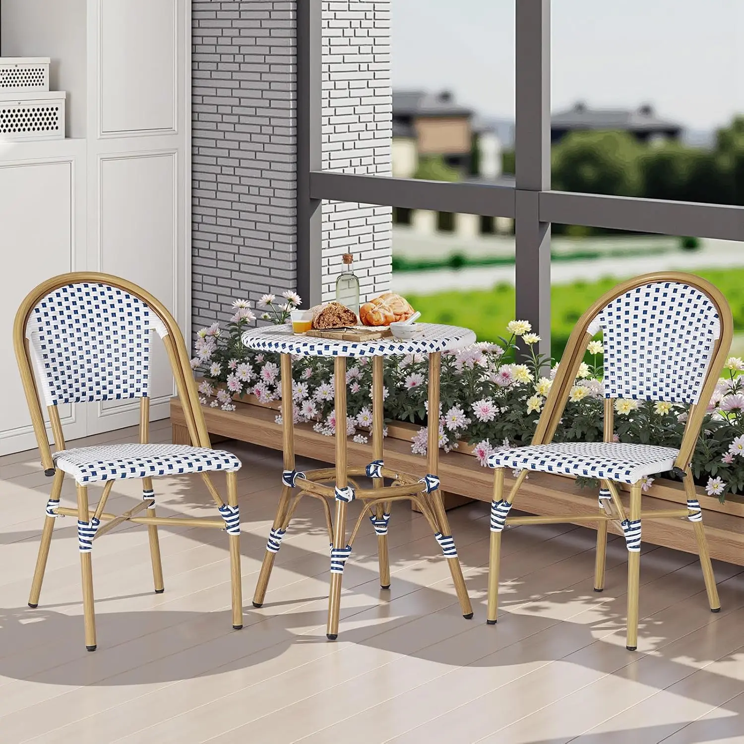 

3 Piece Patio Bistro Set , French Wicker Outdoor Bistro Set with Round Table and 2 Dining Chairs , ‎Aluminum Wicker Furniture