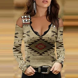 Geometric Print Lace Trim V Neck T-Shirt Casual Cold Shoulder Long Sleeve Top For Spring Fall Women's Clothing