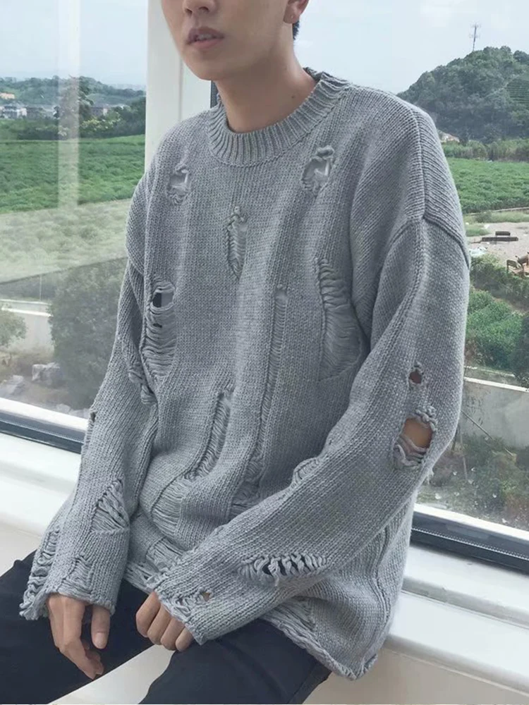 Spring Autumn Men's Ripped Hole Oversized Knitted Sweater Irregular Design Fashion Retro Long Sleeves Round Neck Loose Pullovers