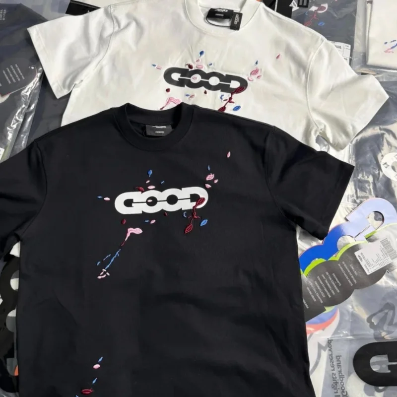 Summer GOODBRAND Tshirts Colorful Splashed Ink Embroidered Loose Black White Men Women Short Sleeve Casual Street Tops