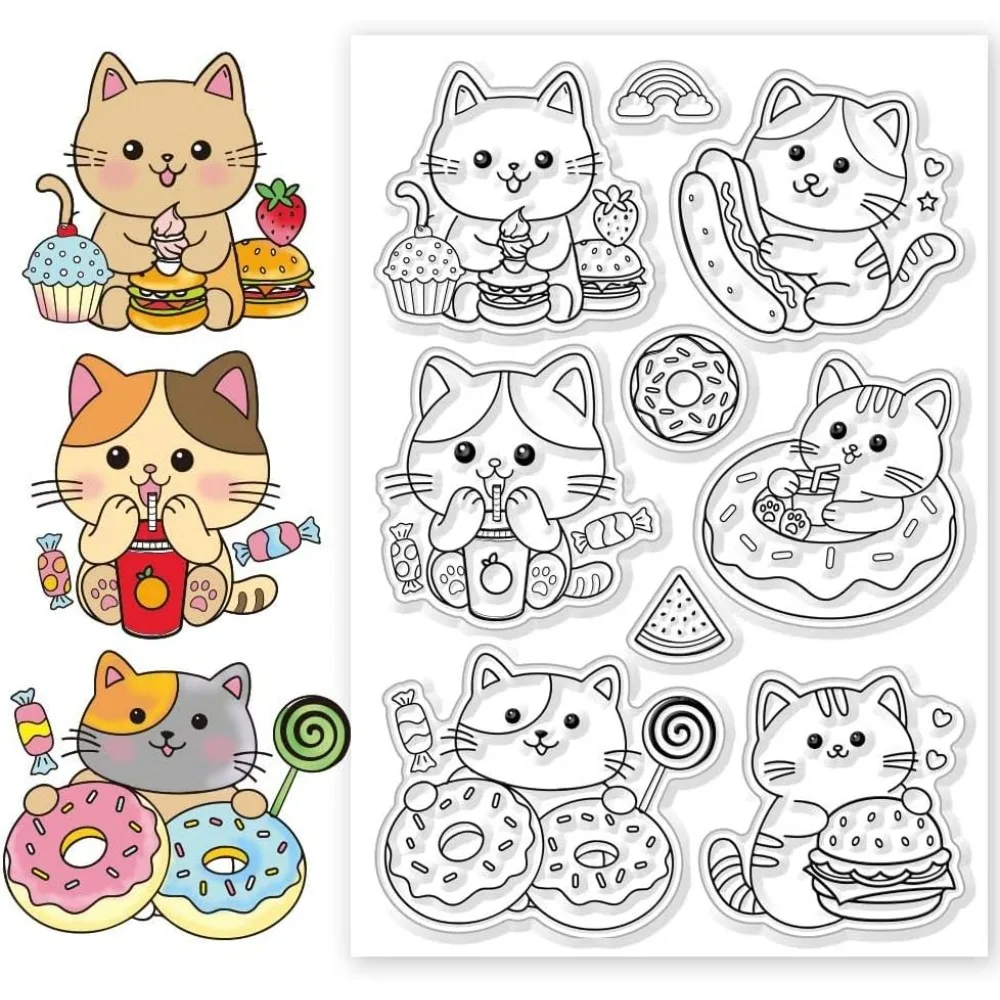 Cat Clear Stamps Hamburger Donuts Stamp for Crafts Transparent Silicone Stamps Kitten Silicone Stamps for Card Making