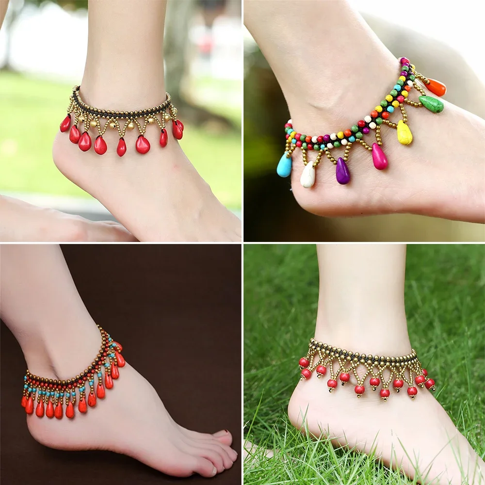 Bohomia Colorful Green Stone Tassel Anklets for Women Handmade Bracelet Foot Chain Ankle Strap Feet Summer Beach Boho Jewelry