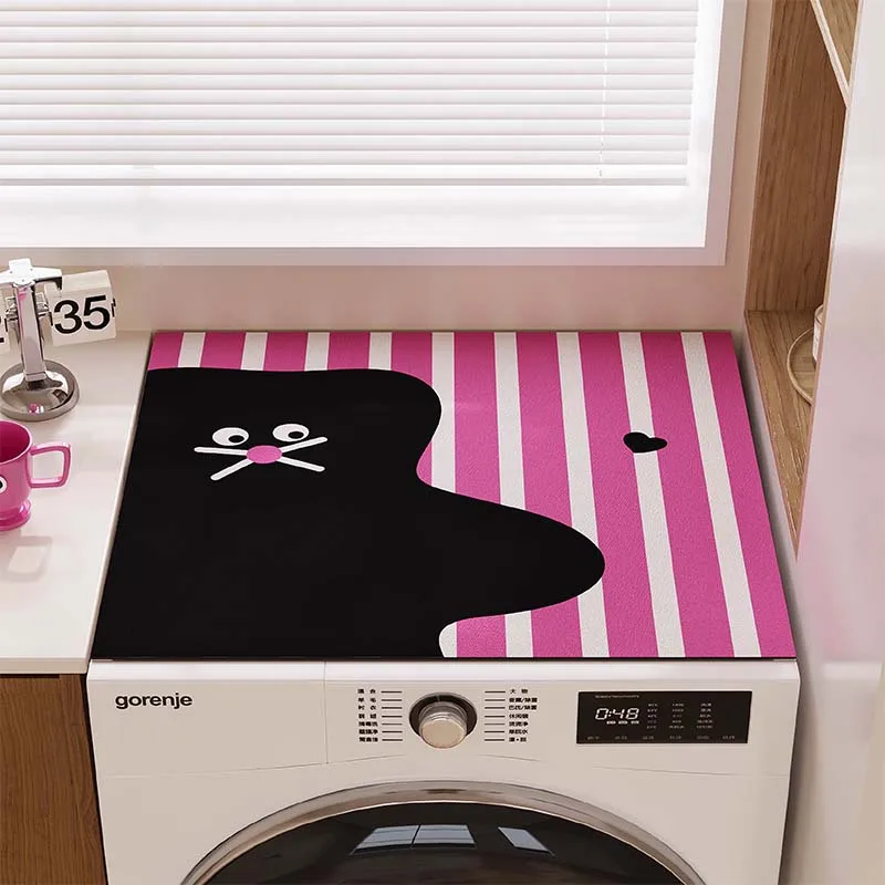 VIKAMA Black Bear Heart Washing Machine Cover Mat Happy Vibes Letter Print Waterproof Anti Dust Dryer Cabinet Pad Dust Cover