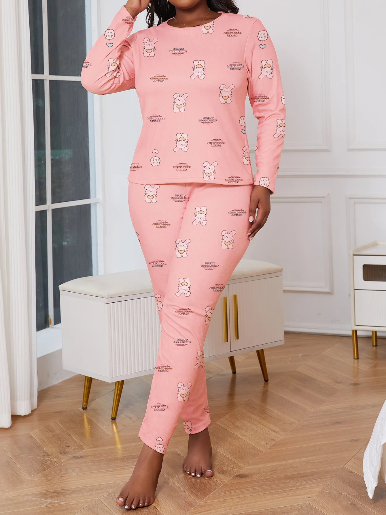 

Large Women's Winter German Velvet Comfortable and Warm Cute Rabbit Printed Long sleeved Top&Pants Home Fury 2-piece Set