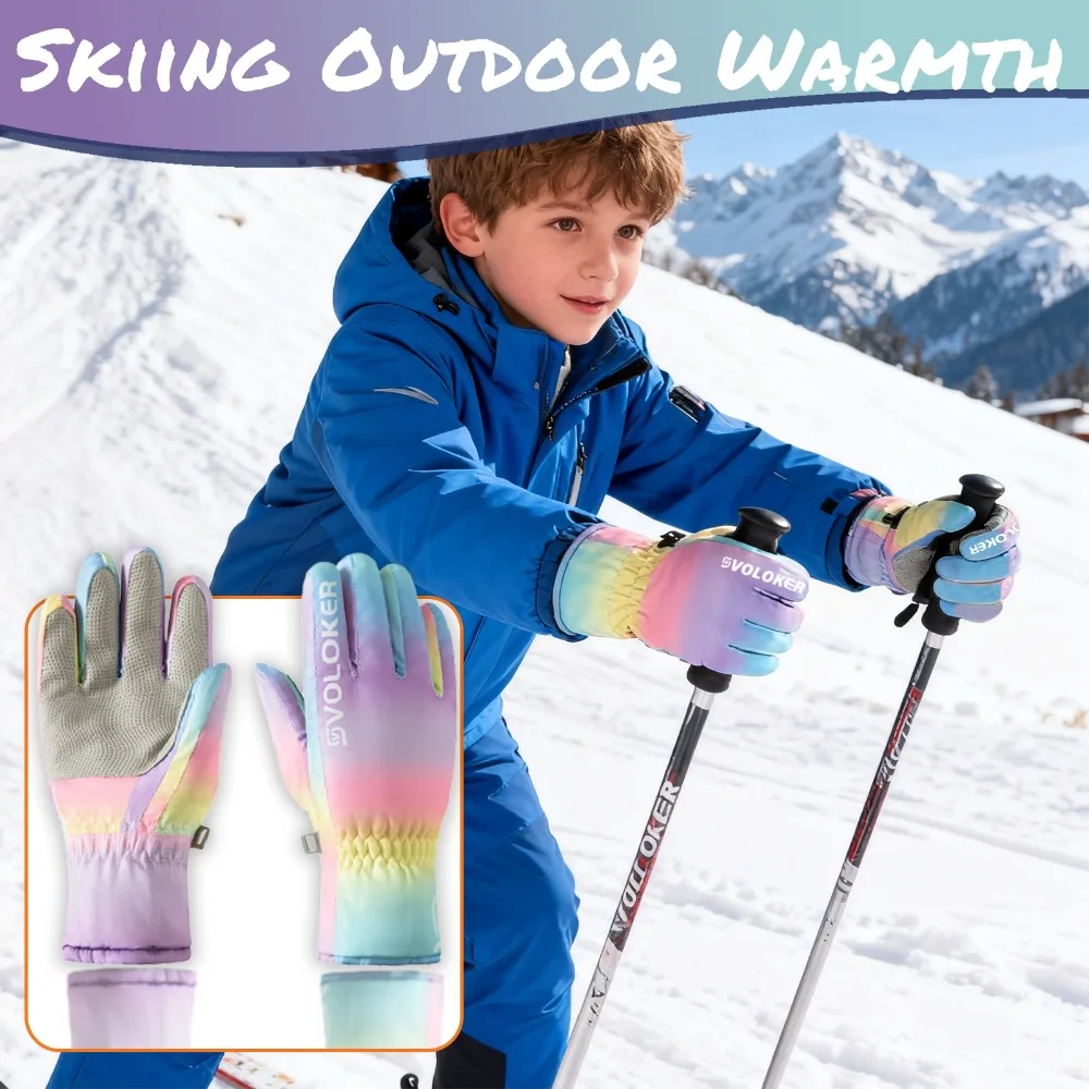 

2026 Kids Ski Gloves, Winter Warm Fleece-lined Mittens for Boys Girls Children Snow Waterproof Gloves With Side Zipper