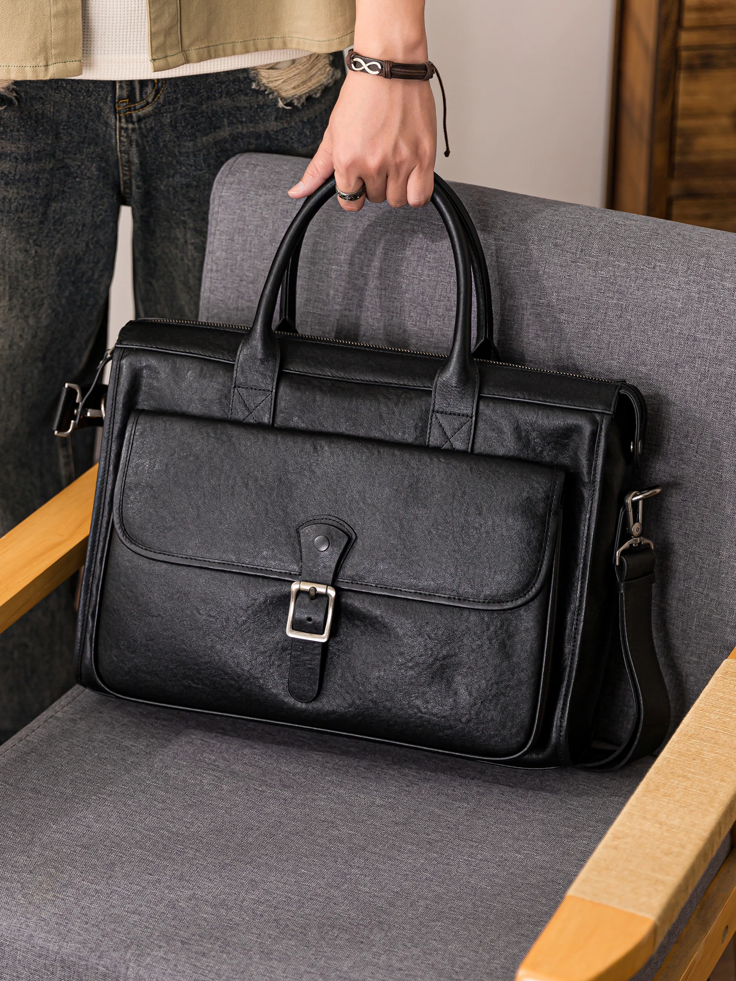 fashion designer luxury handmade first layer leather men's black briefcase business casual genuine leather work laptop handbag