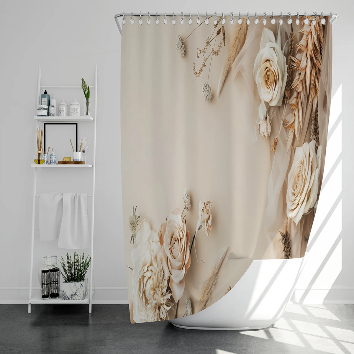 1 pc rose patterned polyester material shower curtain waterproof fabric, thickened anti mold partition curtain for bathroom,