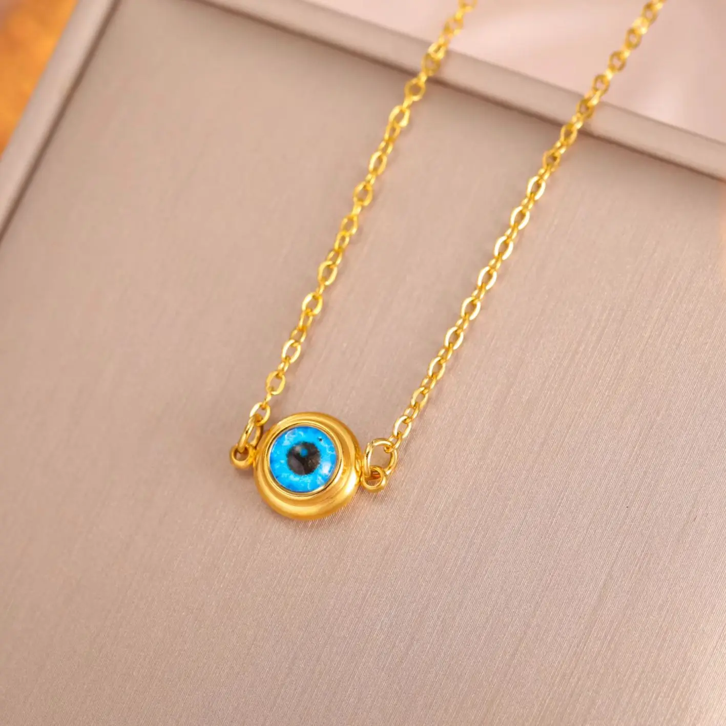 Skyrim Türkische blaue Halskette mit bösem Blick, Edelstahl, Glücksschutz, Schmuck, goldfarbene Halskette für Frauen, Geburtstagsgeschenk