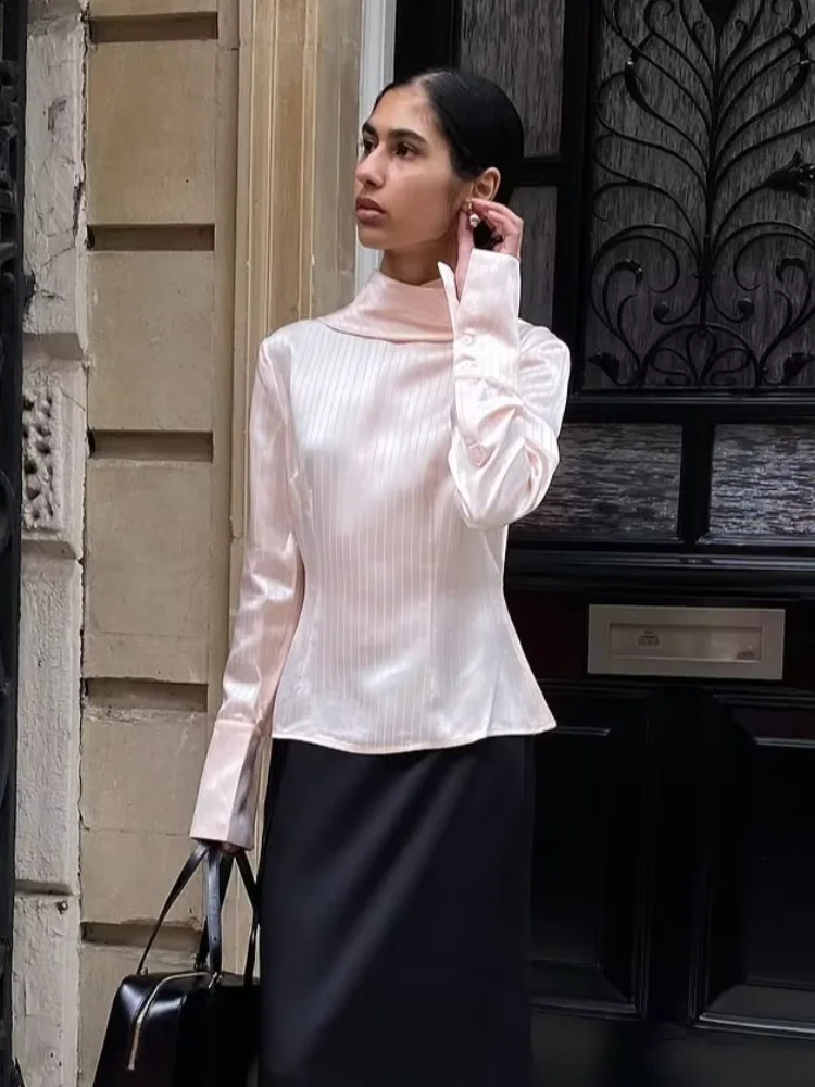 

Lady Pink Striped Scarf Collar Shirt Women Casual Full Sleeve Waist Cinching Back Zipper Short Shirts 2025 Daily Commute Wear