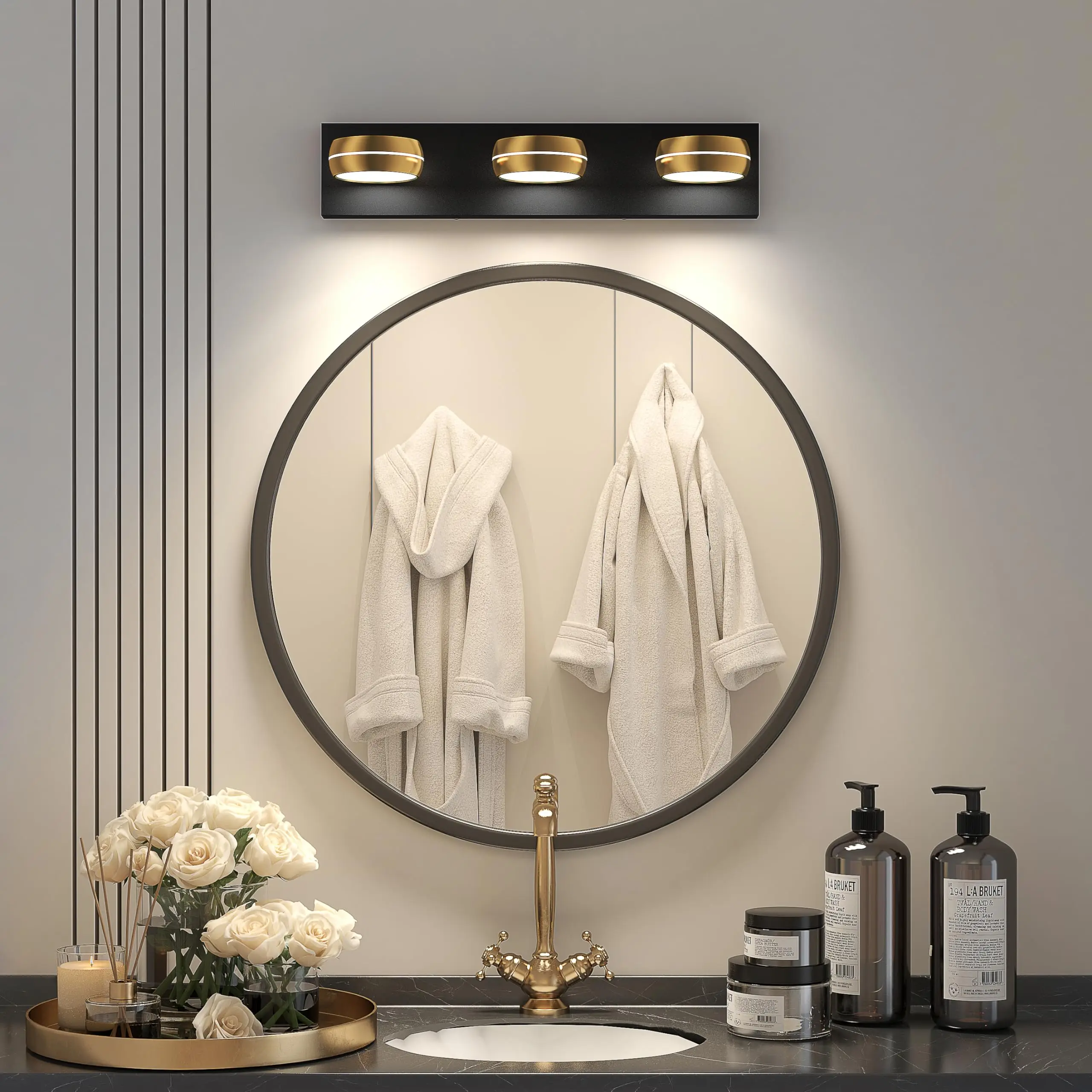 20in 3-Light Black and Gold LED Vanity Light Mirror over Mirror with IP44 Dimmable 5500K Wall Lamp and 270° Rotatable Head