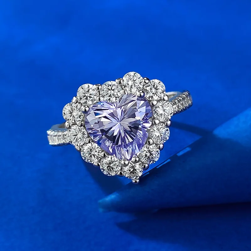 

Real S925 Sterling Silver Ring Heart-shaped Lavender Color Tanzanite Color Wedding Ring for Girl Fine Jewelry Gift