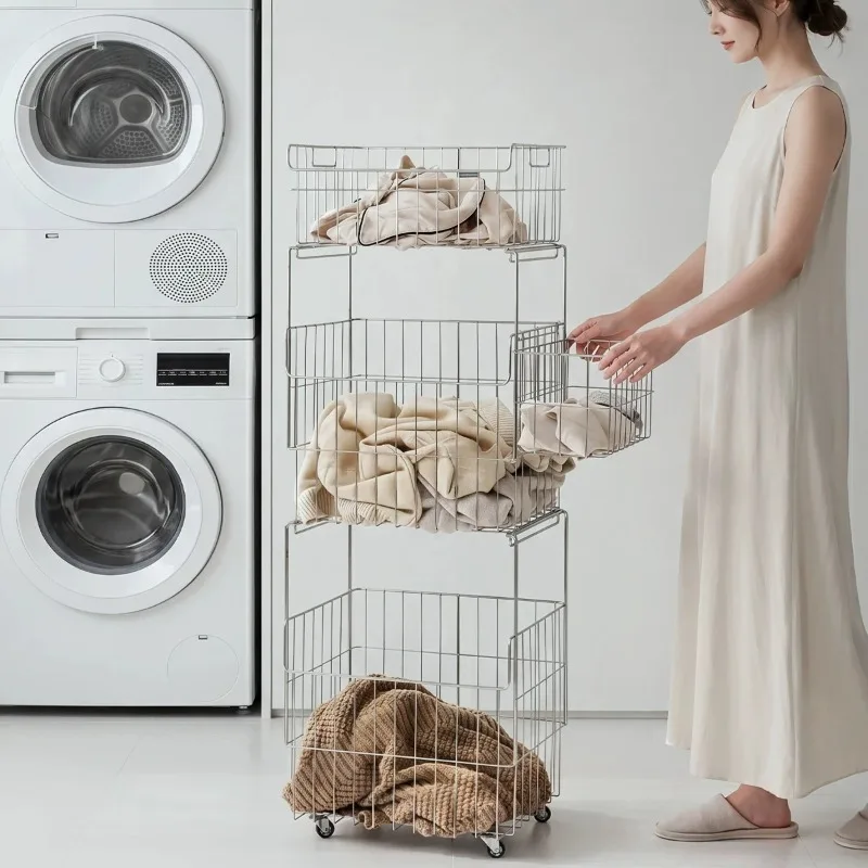 Wire Shelves Laundry Baskets Trolley Divided Tall 3 Compartments Laundry Hamper Cool Canasto Ropa Sucia Bathroom Accessories