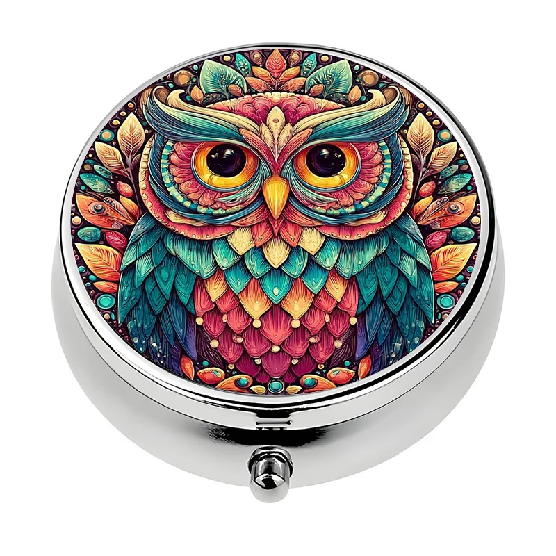 A small pill box with an owl design, featuring three compartments, can be used to organize vitamins and is perfect for carrying in a purse or handbag. This metal pill storage box is a unique gift, and it is compact and easy to store