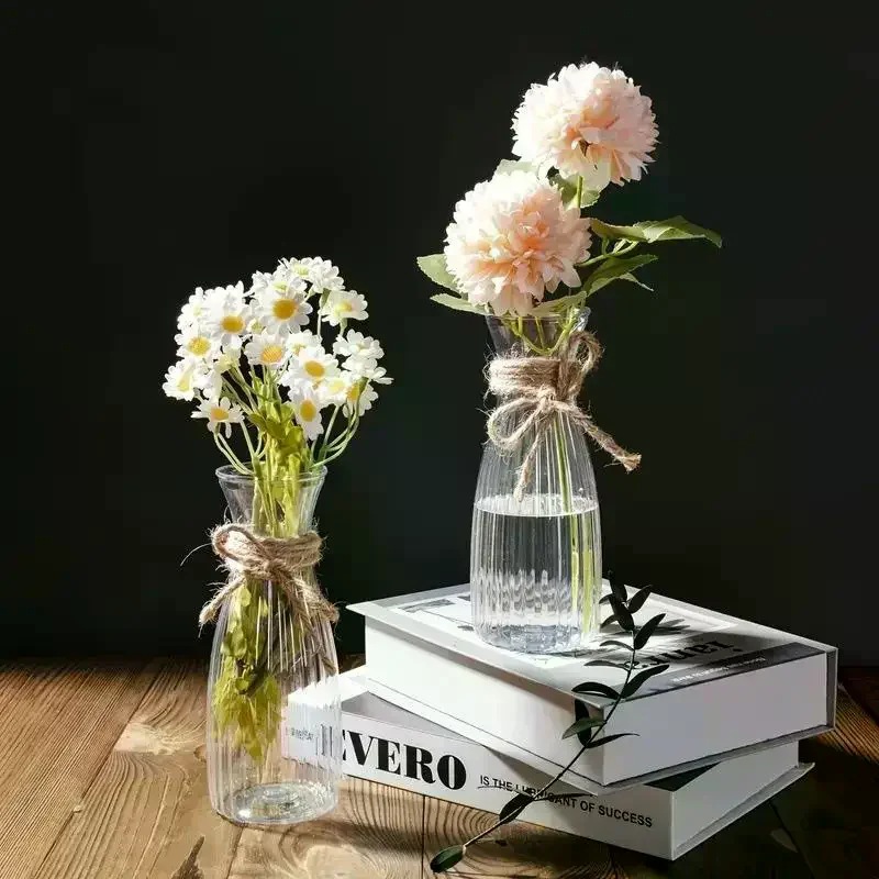 Clear Plastic Vase With Jute Rope Decor Vertical Ribbed Shatterproof Planter For Fresh Flowers, Dried Bouquets & Events