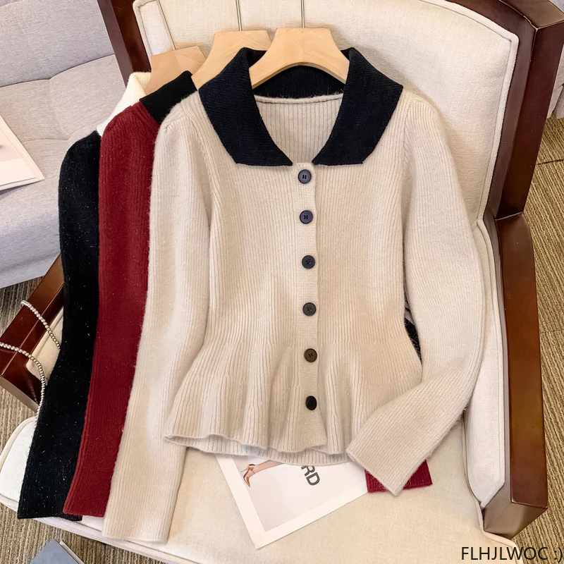 S-3XL New Year Ruffles Peplum Basis Pullovers Jumpers Long Sleeve Loose Japan Cute Sweet Girls Red Knitted Sweaters Cardigans