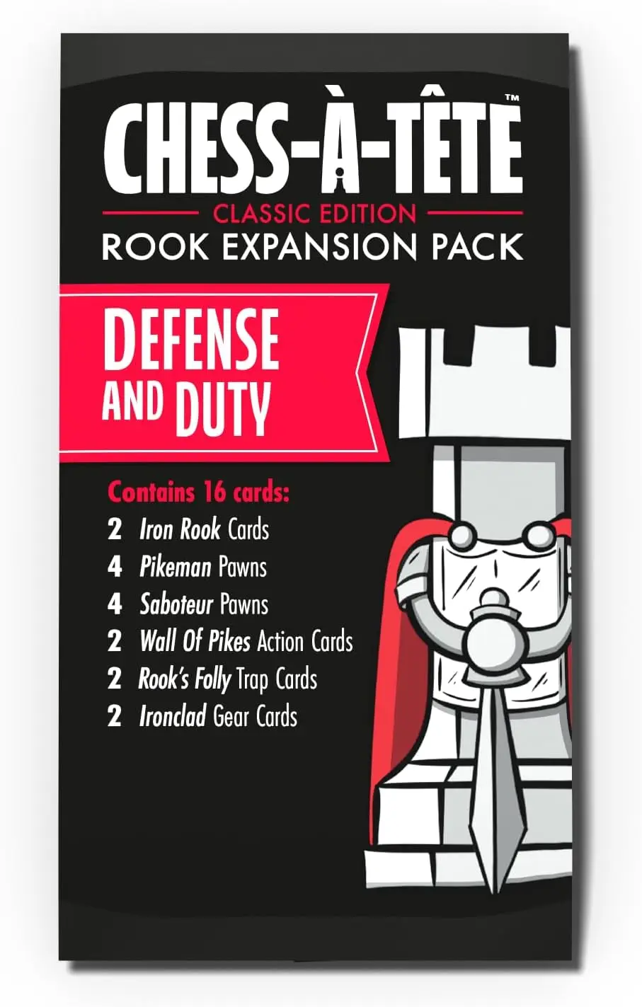 

Defensive Strategy Expansion Pack, 8 Pawns, 6 Action Cards, 1 Holographic Rook, 2-Player Card Game