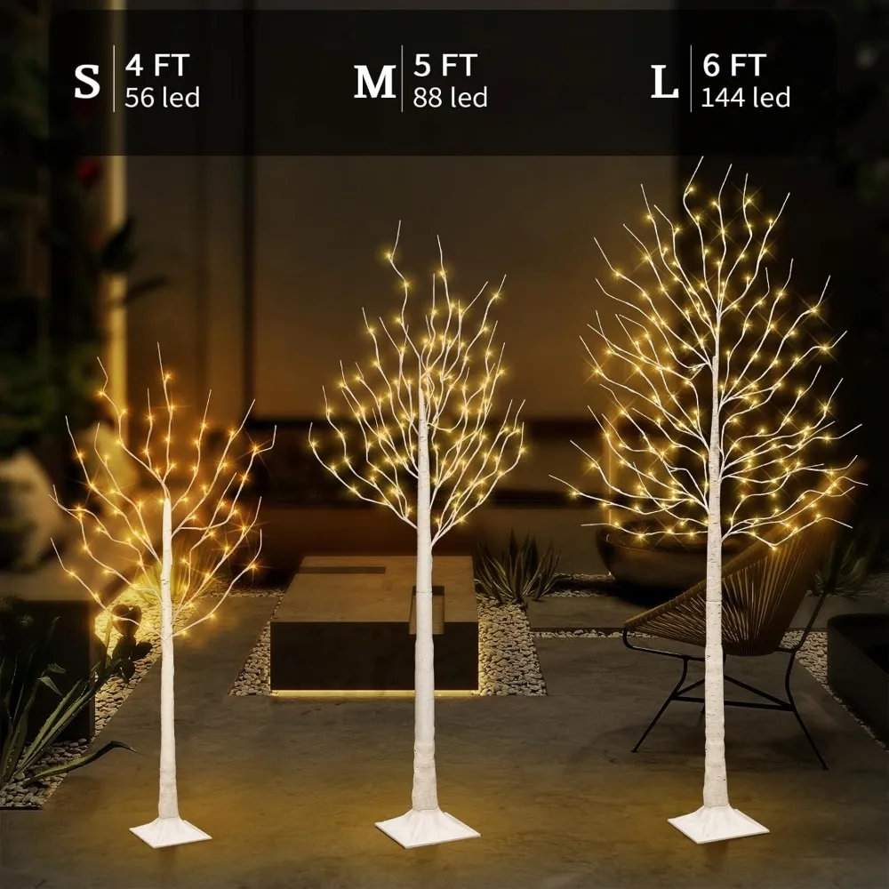 Illuminated Birch Christmas Tree with 144 LED Warm White Lights, 8 Lighting Modes for Festive Decor Indoor/Outdoor