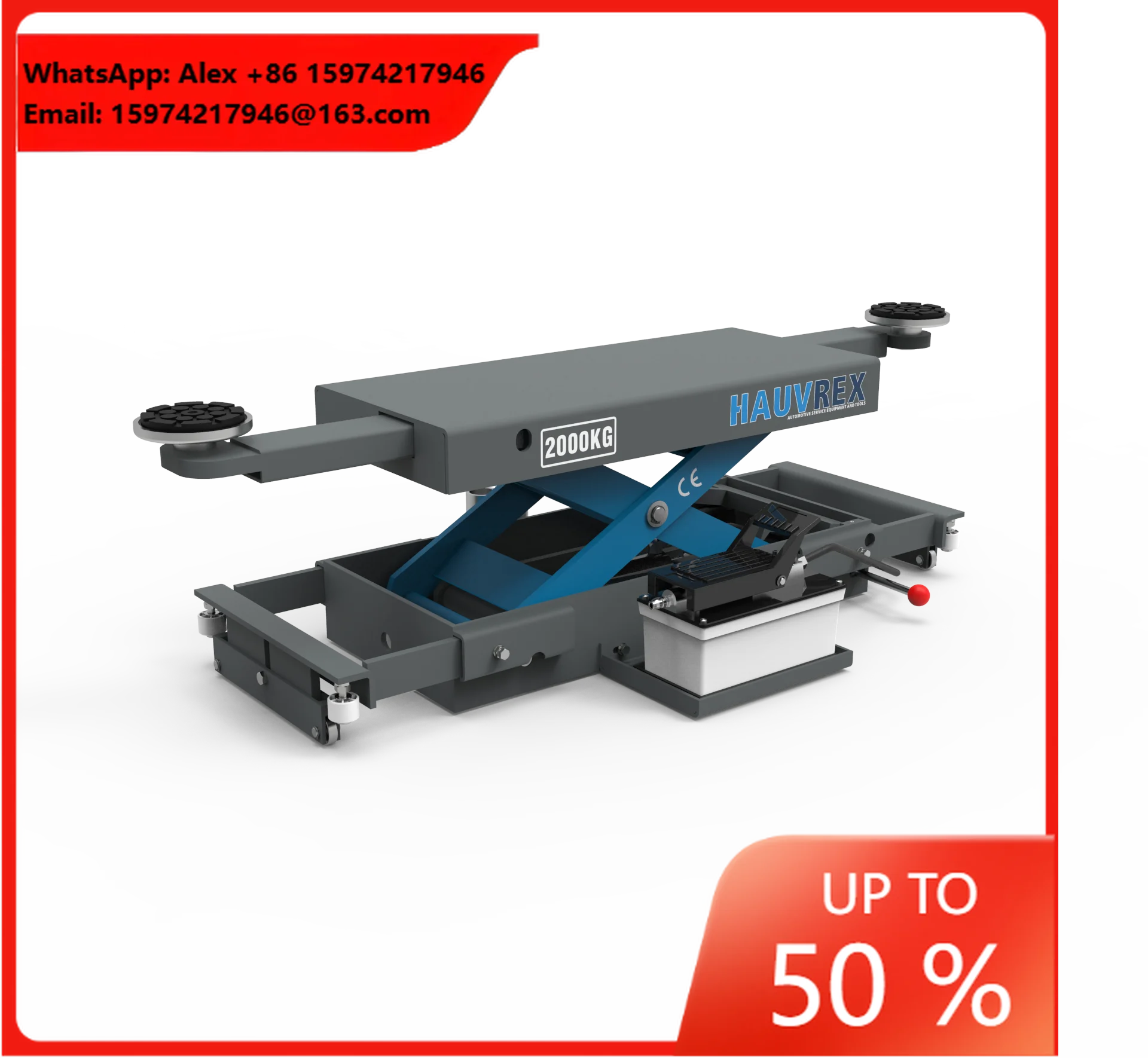 Hauvrex 2.0 Ton Pneumatic Rolling Jack 2000kg High Capacity Scissor Jack For Automotive Garage