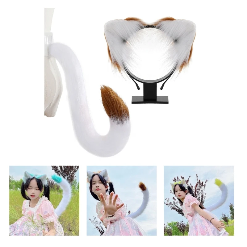 Anime-Cosplay Props Cat Ears and Tail Set Plush Furry Animal Ears Hairhoop with Foxes Tail Fancy-Dress Party Costumes HXBA