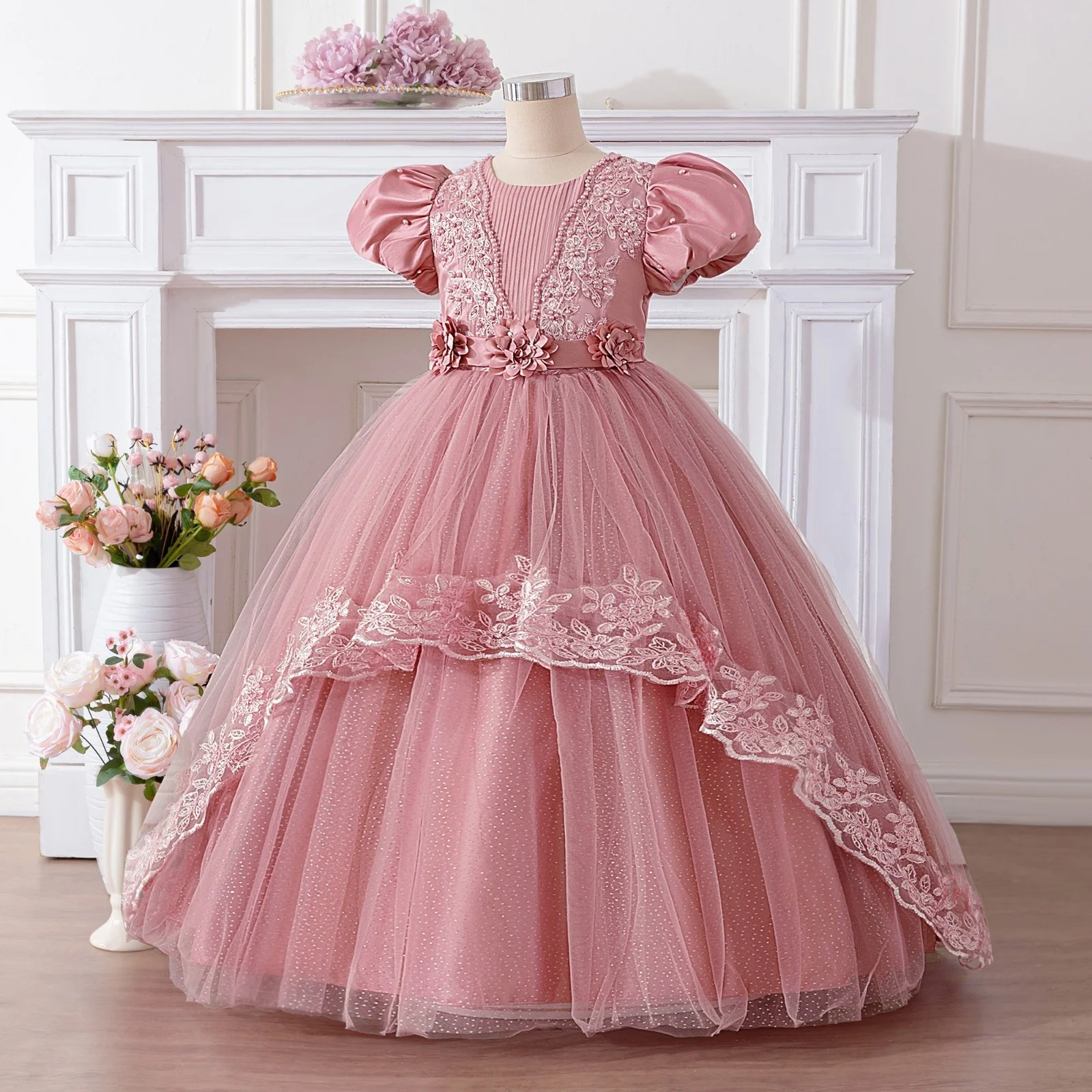 

Princess Dress for Girls Lace Trimmed Heavy Embroidery Birthday Party Dress Children's Formal Wear Floral Girl's Dress